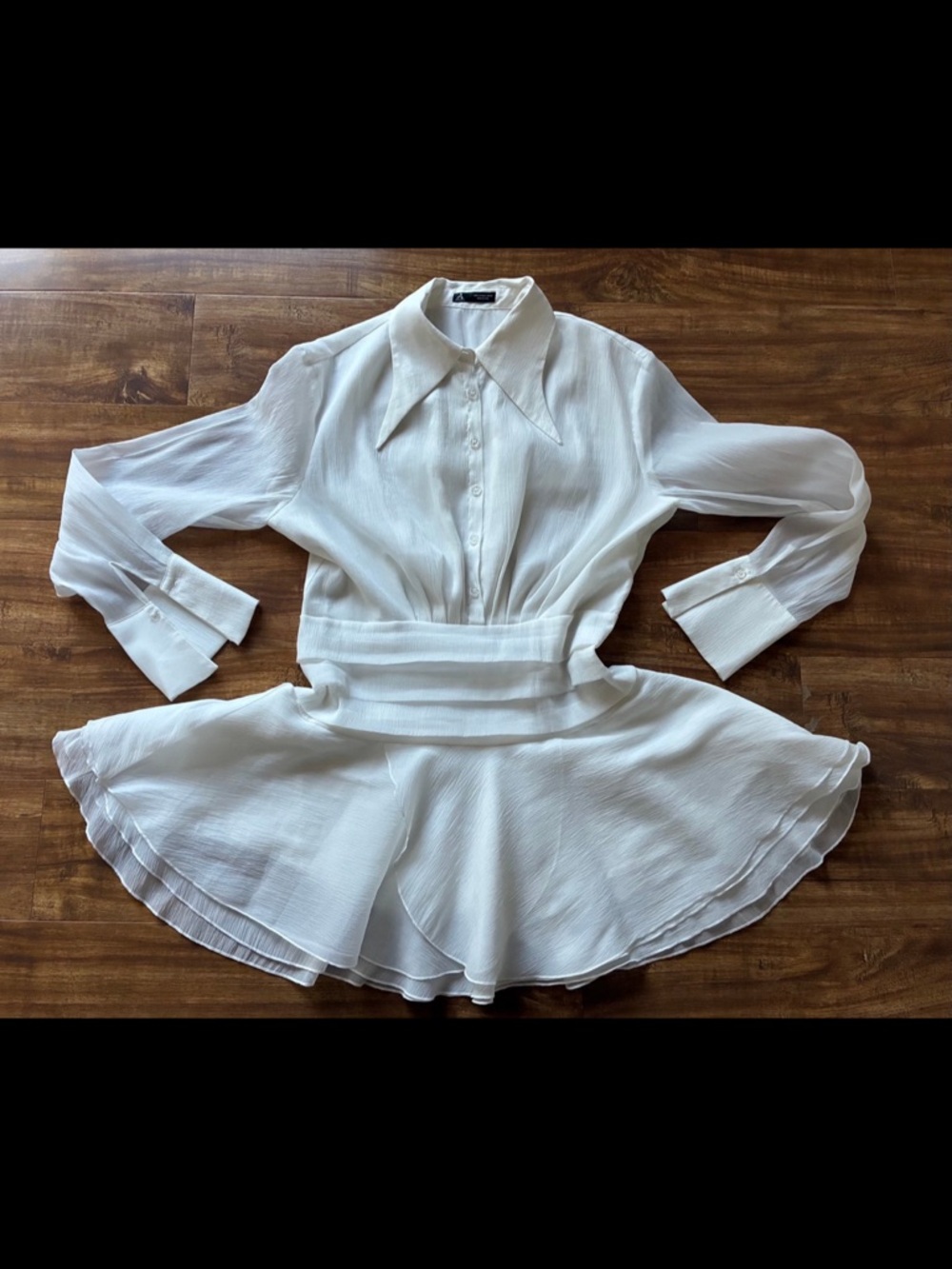 ANEWSTA Womens Sz L White Sheer Shift Dress Wide Cuffs Waist Ruffled Long Sleeve